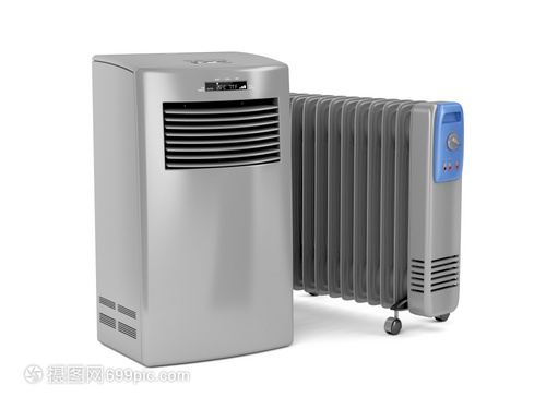 白色背景的便攜式空調(diào)機和充油電加熱器